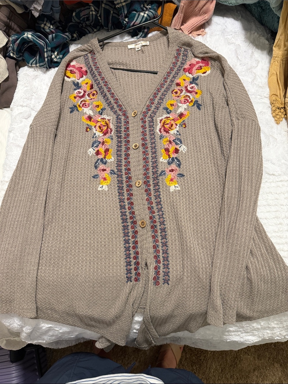 Andree Taupe Embroidered Button-Front Sweater Cardigan